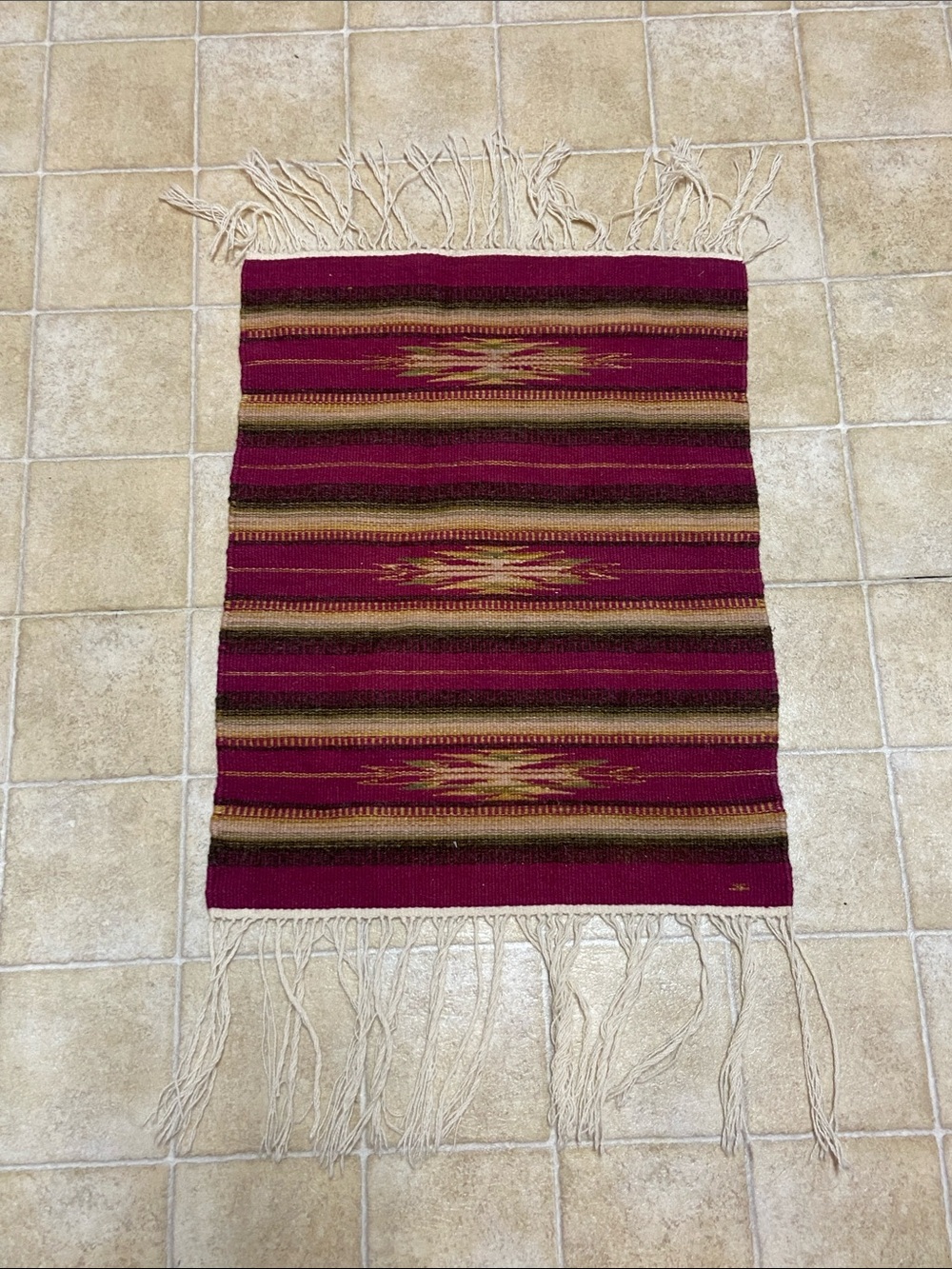 Handwoven Magenta Southwestern-Style Door Mat with Fringe Small Rug 37x19”